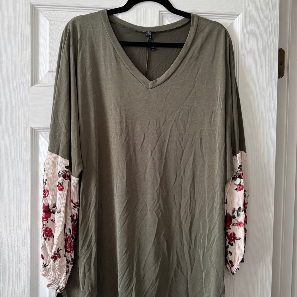 Floral Sleeve Olive Green Women's Top
